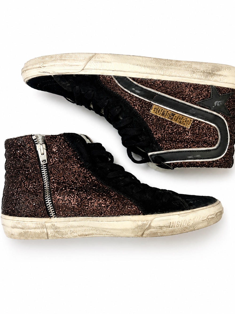 Auth Golden Goose Slide High Top Sneakers Brown Glitter/Black Size 38